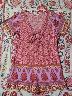 NWOT RusttyDustty Boho Festival Romper Purple and Pink Floral Tie Front